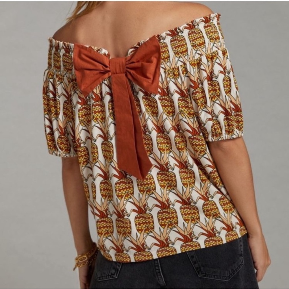 Anthropologie Pineapple Top by Porridge Off Shoulder Bow SZ S NWT
